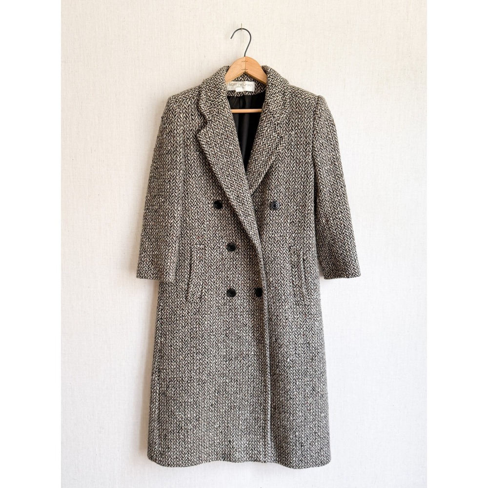 Bert Newman Coat Vintage Herringbone Tweed Double Breasted S Gray Brown